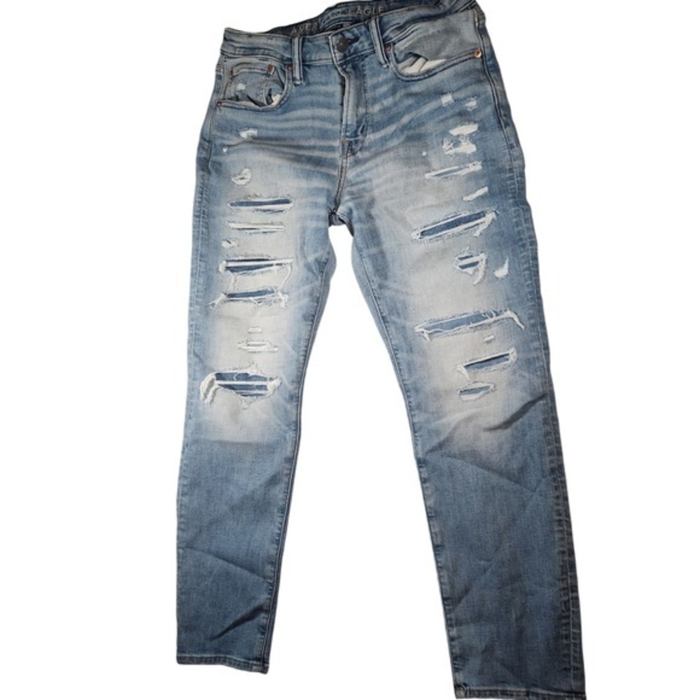 American Eagle Airflex+ Skinny Distressed Light Wash Jeans Mens 31x30 Ripped